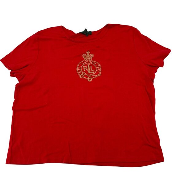 Lauren Ralph Lauren Red Rhinestone Crest T-Shirt XL Short Sleeve Vintage 90s - Picture 1 of 8